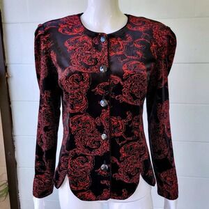 Vintage 90s R&K Evening Jacket Black Red Glitter Scroll Women 6 Gothic Holiday